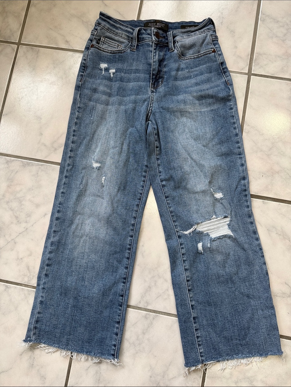 Judy Blue Mid-Blue Distressed Wide Leg Jeans